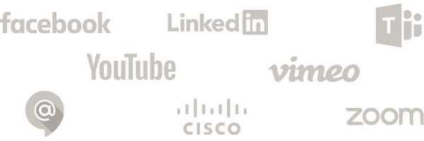 Facebook, LinedIn, Microsoft Teams, YouTube, Vimeo, Google Meet, Cisco WebEx, Zoom